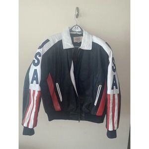 Midwest Clothing Company Vintage Leather Jacket American Flag USA 90s XL Extra